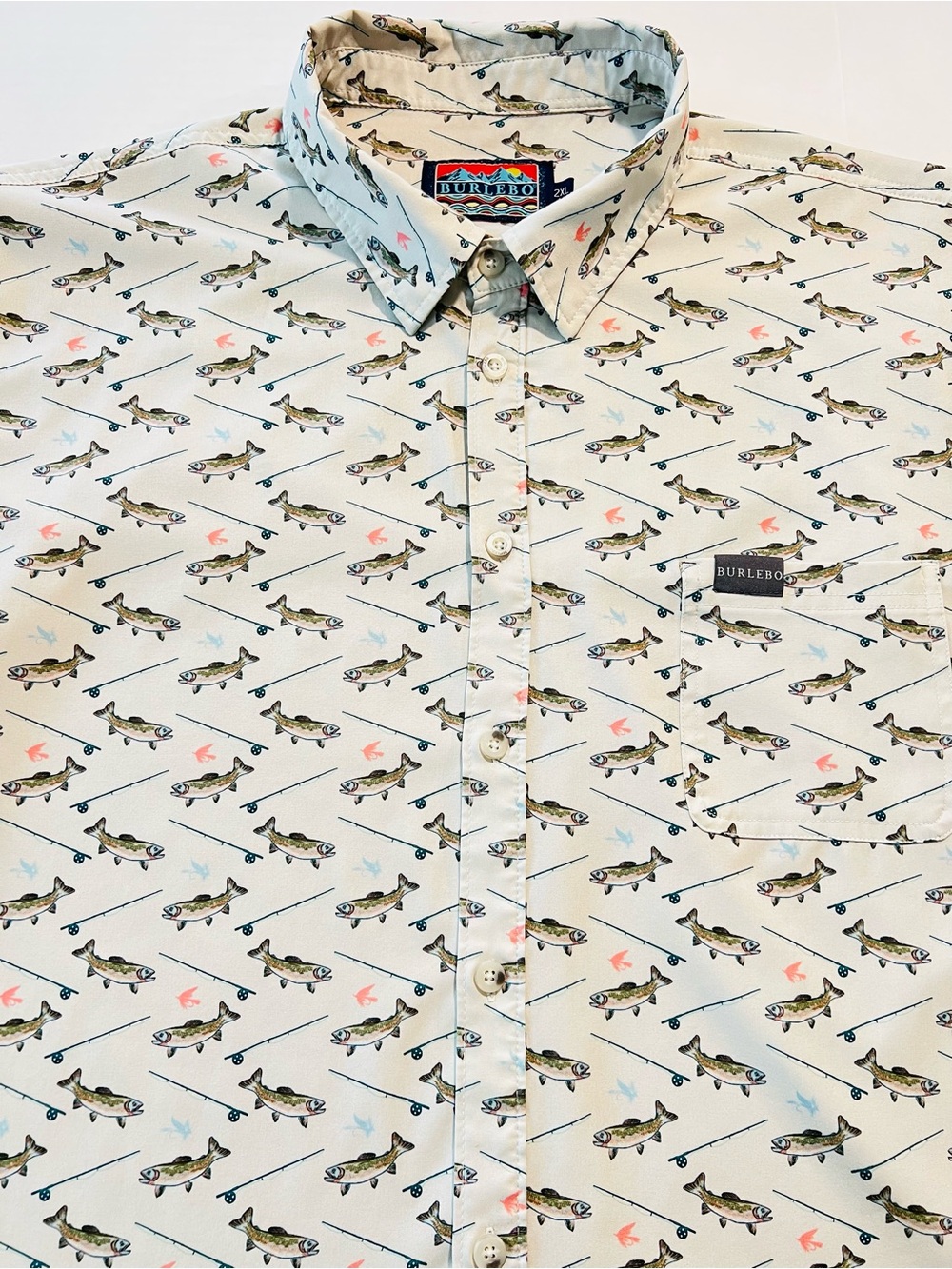 BURLEBO Men 2XL Performance Button Up Shirt Fishing Fly Trout Rod Pattern Ivory
